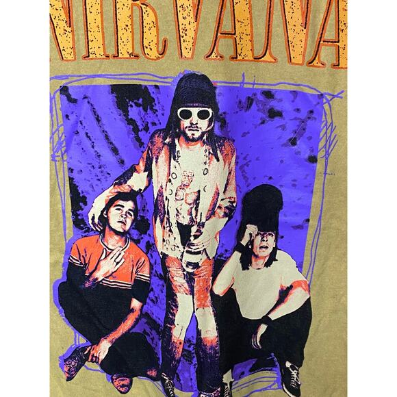 Nirvana Band Tee LARGE Unisex Yellow Crewneck Tshirt Cotton Graphic Short Sleeve - Picture 3 of 4